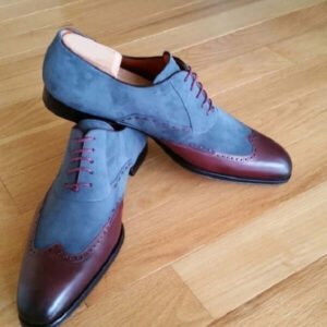 Handmade Men two tone wing tip shoes, Men blue and brown formal shoes, men