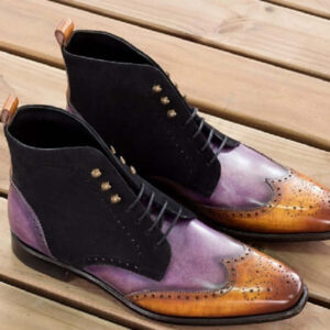 Handmade Multicolored Suede Leather Boot, Men's Ankle High Wingtip Lace Up Boot