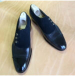 Handmade Navy Blue Cap Toe Leather Suede Button Top Shoes For Men's