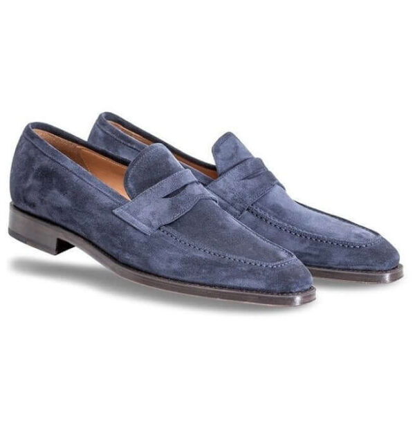Handmade Navy Blue Suede Moccasins Loafer Shoes - leathersguru