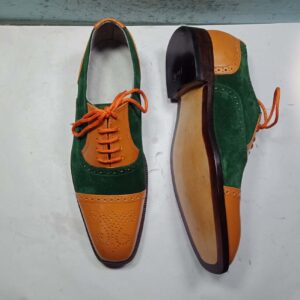 Handmade New Men Green Brown Shoe, Men cap toe Lace Up Suede Leather Formal Shoe