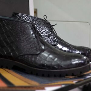 Handmade Pure Black Alligator Texture Half Ankle Boots, Rubber Sole Stylish Lace Up Boots For Men's