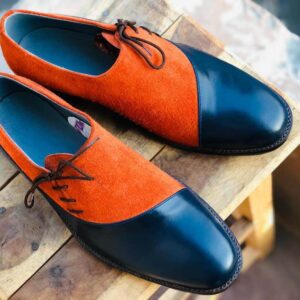 Handmade Stylish Blue & Tan Leather Suede shoes, Men's Lace Up Formal Shoes