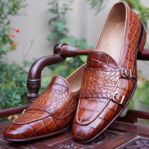 Handmade Stylish Brown Alligator Double Monk Loafer Style Shoes For Men's