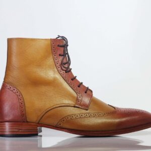 Handmade Tan Ankle High Wing Tip Brogue Leather Lace Up Boot For Men's