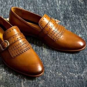 Handmade Tan Fringe Monk Loafers Leather Shoes For Men's