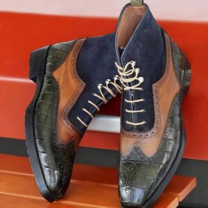 Handmade Three Tone Wingtip Boots Rubber Sole For Men's