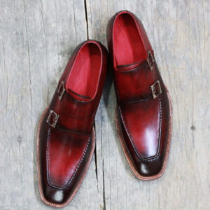 Handmade Burgundy Leather shoes, Men's Double Monk Formal Shoes