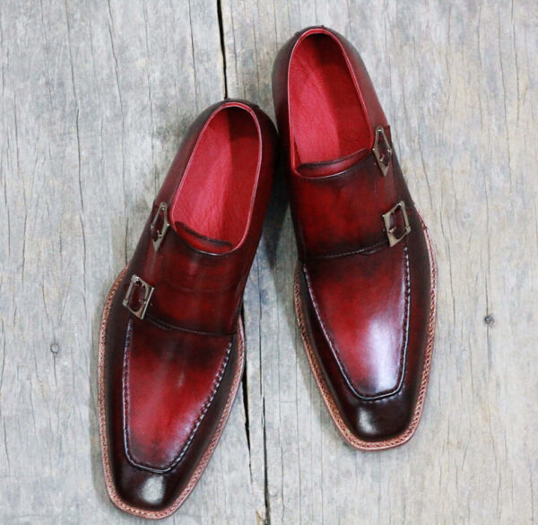 Handmade Burgundy Leather shoes, Men's Double Monk Formal Shoes