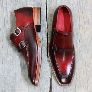 Handmade Burgundy Leather shoes, Men's Double Monk Formal Shoes