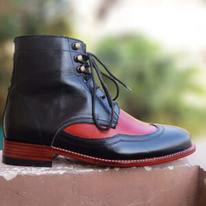 Handmade Tow Tone Black Burgundy Boots. Lace Up Leather Boots, Casual Leather Boots Men's