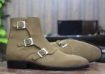 Handmade Triple Buckle Beige Suede Ankle High Boots. Men's Classic Boots