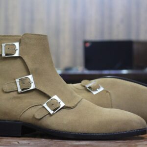 Handmade Triple Buckle Beige Suede Ankle High Boots. Men's Classic Boots