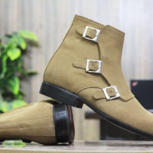 Handmade Triple Buckle Beige Suede Ankle High Boots. Men's Classic Boots