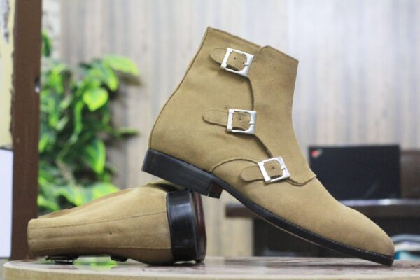 Handmade Triple Buckle Beige Suede Ankle High Boots. Men's Classic Boots