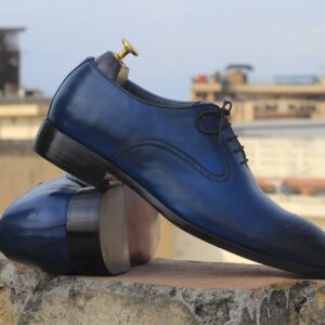 Handmade Two Tone Blue Brogue Toe Lace Up Shoes, Pure Leather Dress Shoes