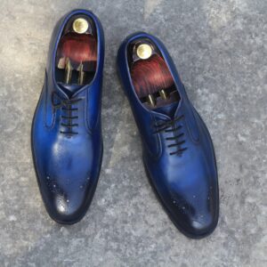 Handmade Two Tone Blue Brogue Toe Lace Up Shoes, Pure Leather Dress Shoes