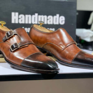 Handmade Two Tone Brown Double Buckle Shoes, Cap Toe Shoes, Classic Party Shoes