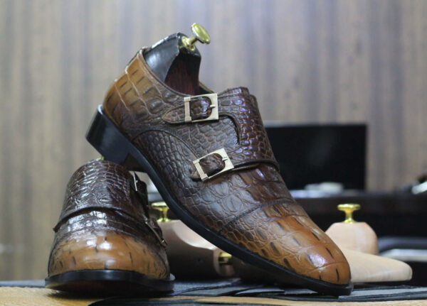 Handmade Two Tone Crocodile Texture Shoes, Men's Stylish Fashion Double Buckle Shoes