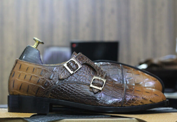 Handmade Two Tone Crocodile Texture Shoes, Men's Stylish Fashion Double Buckle Shoes