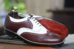 Handmade Two Tone Lace Up Leather Shoes, Wing Tip Shoes With Brogue Toe Style Shoes