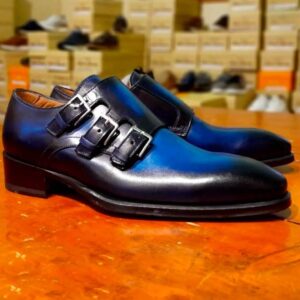 Handmade Two Tone Triple Buckle Style Shoes, Men's Leather Shoes