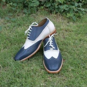 Handmade Two Tone Wing Tip Lace Up Leather Dress Shoes For Men's