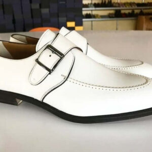 Handmade White Color Leather Round Toe Dress Men's Fashion Monk Strap Shoes