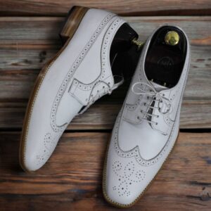 Handmade White Wing Tip Lace Up Leather Shoes, Dress Business Shoes