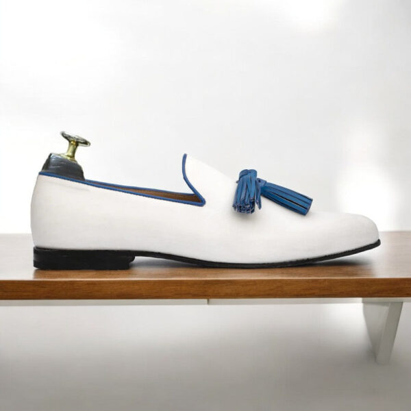 Men's Bespoke White & Blue Loafer Leather Shoes, Moccasin Shoes