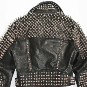 Women Black Leather Rock Women Steam Punk Style Studded Biker Jacket Silver Long Studs