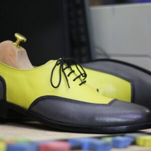 Handmade Yellow Grey Lace Up Shoes, Men's Pure Leather Formal Wear Oxford Shoes