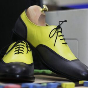 Handmade Yellow Grey Lace Up Shoes, Men's Pure Leather Formal Wear Oxford Shoes