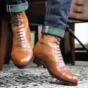 Bespoke Brown Leather Cap Toe Ankle High Lace Up Boots - leathersguru