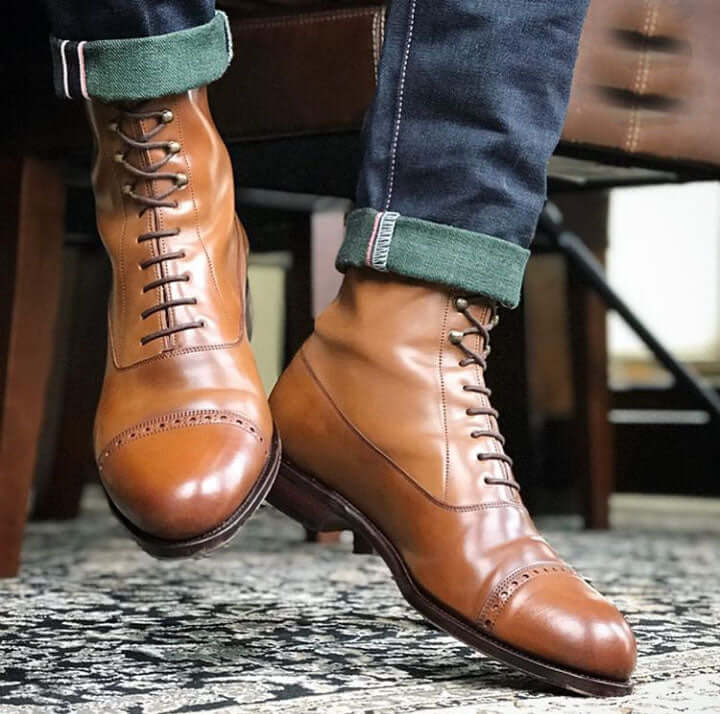 Handmade_Ankle_Boots_Dress_formal_Stylish_Laceup_casual_Men_s_Boots Bespoke Brown Leather Cap Toe Ankle High Lace Up Boots - leathersguru