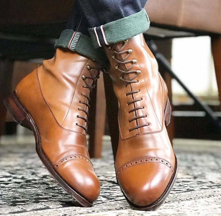 Handmade_Ankle_Boots_Dress_formal_Stylish_Laceup_casual_Men_s_Boots2 Bespoke Brown Leather Cap Toe Ankle High Lace Up Boots - leathersguru