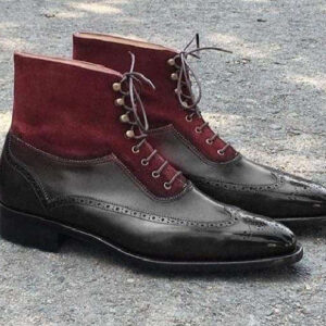 Handmade Men's Ankle High Black Maroon Leather Suede Wing Tip Boot - leathersguru
