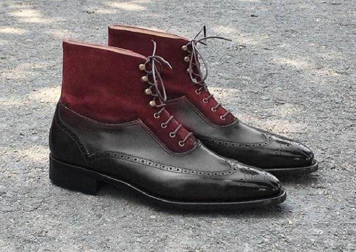 Handmade Men's Ankle High Black Maroon Leather Suede Wing Tip Boot - leathersguru