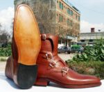 Bespoke Tan Leather High Ankle Monk Strap Boots - leathersguru