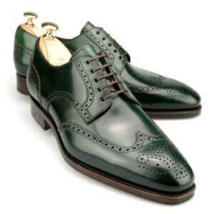 Bespoke Green Leather Wing Tip Lace Up Shoes for Men's - leathersguru