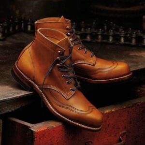 Handmade Men's Ankle Tan Leather Wing Tip Lace Up Boot - leathersguru
