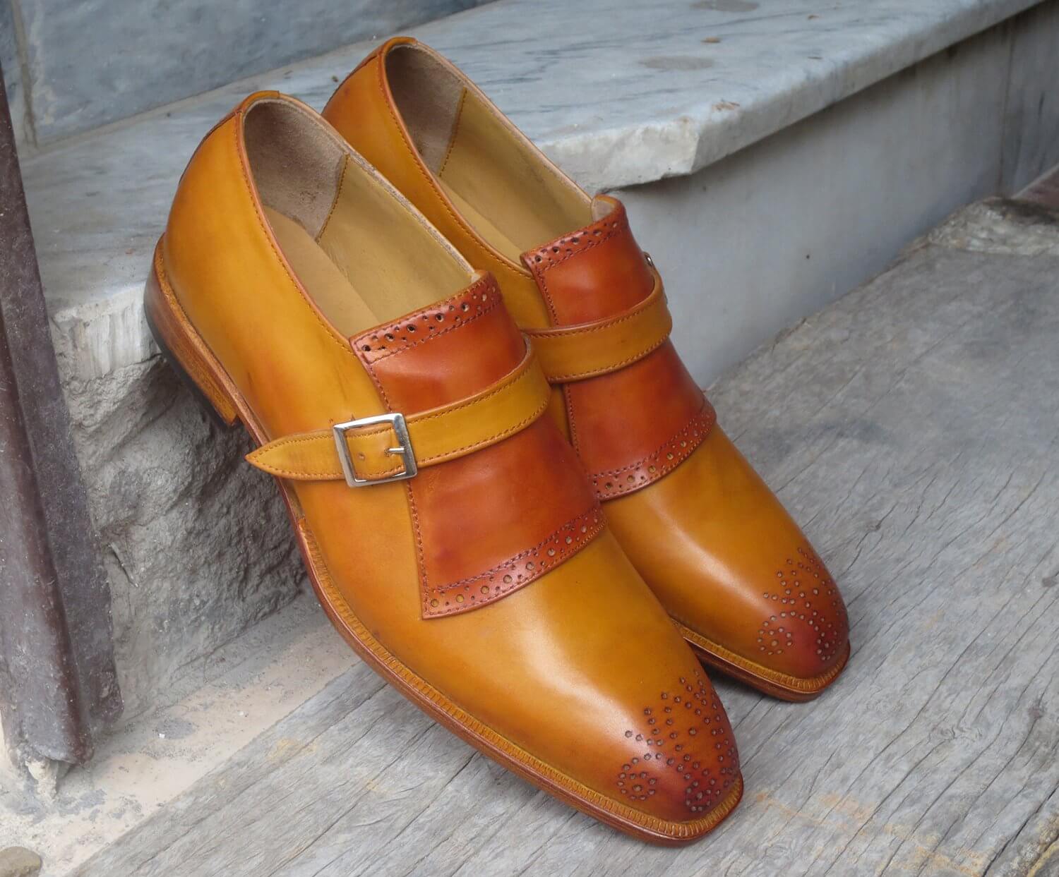 Handmade_Men_s_Single_Monk_Strap_Shoes_Men_s_Tan_Brown_Brogue_Leather_Shoes2 Bespoke Tan Brown Leather Monk Strap Shoes for Men's - leathersguru