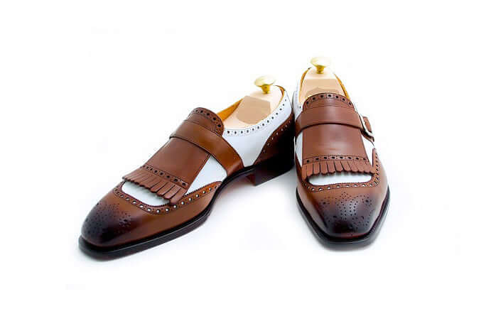 Handmade_Men_two_tone_monk_shoes_Men_formal_shoes_Men_brown_and_white_shoes Bespoke Brown & White Leather Fringe Monk Strap Shoe for Men - leathersguru