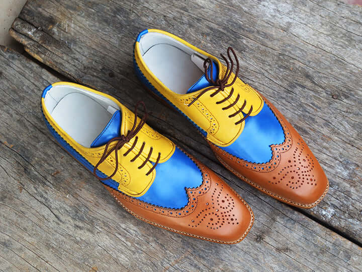 Bespoke Multi Color Leather Wing Tip Lace Up Shoe for Men's - leathersguru