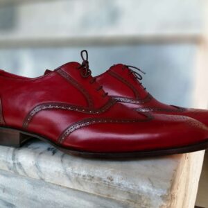 Handmade burgundy oxford wing tip leather shoes , Brogue dress shoes