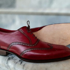 Handmade burgundy oxford wing tip leather shoes , Brogue dress shoes