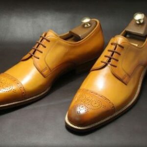 Bespoke Tan Leather Cap Toe Lace Up Shoes, Men's Shoes,Dress Shoes - leathersguru