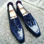 Men Navy Blue Crocodile Shoes, Crocodile Textured Leather For Mens