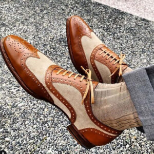 Handmade Men's Wing Tip Brogue Tan and white Leather Suede Shoes - leathersguru