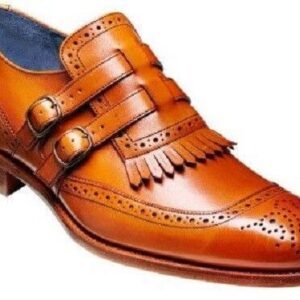 Handmade men tan monk shoes, men dress fringes shoes, formal leather shoes men